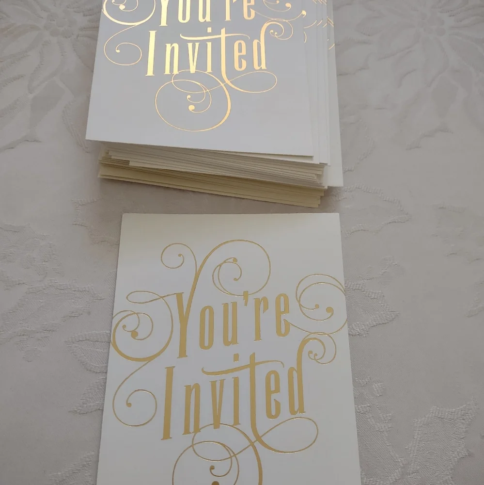 Gold Foil letters Swirls white invitation cards